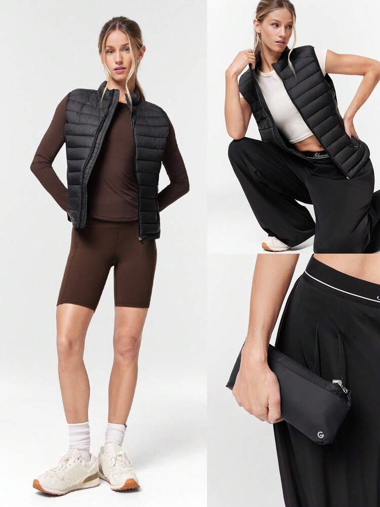 Składana, termiczna, ciepła, podszyta, dopasowana kamizelka puchowa z odblaskowym logo i kieszeniami bocznymi, do biegania i ćwiczeń, zima