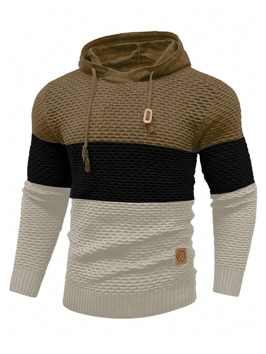 Manfinity Homme Áo len nam dài tay có mũ, dây rút, phối sọc tương phản, màu kaki, kiểu dáng thường ngày, có mũ trùm đầu, áo hoodie nam, áo chui đầu nam. - Nhiều màu - Xem 1