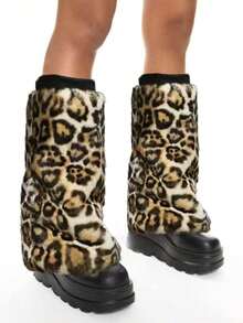 ROMWE Grunge Punk 1双豹纹时尚保暖毛绒女式腿套 - 豹紋 - 查看 3