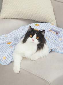 PETSIN 1 件蓝色格子橙色水果拼布宠物卡通法兰绒毯子，猫用品 - 彩色 - 查看 2