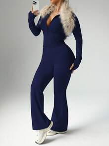 Slayform Conjunto de 2 piezas de chaqueta casual con cremallera y agujero para el pulgar, y pantalones acampanados de cintura alta para mujer talla grande - Azul Marino - Ver 5