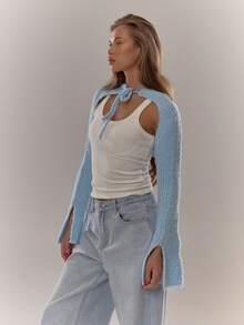 MUSERA Knit Tie Neck Flare Split Sleeve Bolero Everyday Cosy Winter - Baby Blue - View 4