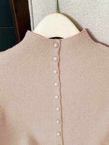 Franclia 休闲宽松无袖高领纽扣针织上衣，红色，女士，春秋季 - 杏色 - 查看 4