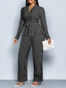 SOLERSUN Bộ đồ hai mảnh cổ chữ V kẻ sọc thanh lịch cỡ lớn dành cho nữ mùa thu đông, trang phục hai mảnh có viền bất đối xứng, trang phục thường ngày, quần áo mùa đông cho nữ, vải quấn, xoắn, cạp chun, vải dệt jacquard sọc đen trắng, trang phục thường ngày, đi làm, mua sắm - Đen và trắng - Xem 4