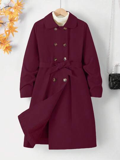SHEIN 秋冬款青少年女孩双排扣系带长袖风衣