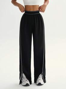 Dewbera Women's Loose Fit Straight Leg Sweatpants With Pockets, Waistband Contrast Stripe, High Stretch Elastic Waist, Suitable For Daily Casual Wear, Running, Yoga, Gym, Tennis, Golf, Autumn/Winter Athleisure Wide Leg Pants Palazzo Pants Women Loose Pants - Black - View 5