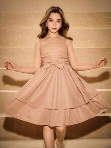 少女优雅香槟金色和银色细肩带褶饰腰部可爱蝴蝶结多层裙装 - 香檳色 - 查看 1