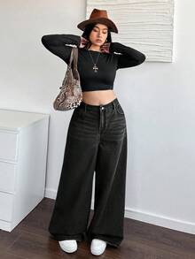 Dripcurv Plus Size Casual Loose Straight Leg Khaki Jeans Fall And Winter Denim Jeans Halloween Outfits Wide Leg Jeans Fashionable Solid Retro Washed Vintage Denim Oversized Jeans