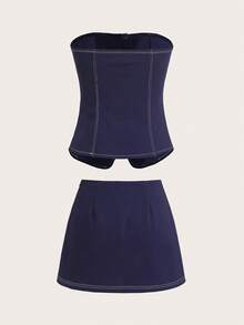 SHEIN PETITE 女士夏季两件套 | 办公室休闲贝壳设计与节日服装 | 波西米亚风吊带背心和迷你裙套装 | 海滩到早午餐服装 | 金属贝壳纽扣工作服必备单品 | 2025 夏季系列 - 藏蓝色 - 查看 9