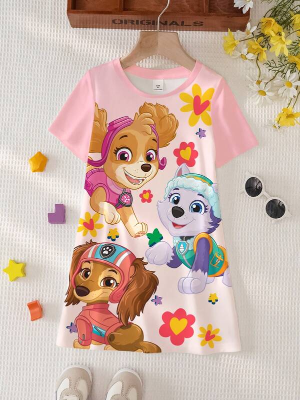 SHEIN | PAW Patrol Young Girl Summer Cute Dog & Floral Print Short Sleeve Dress