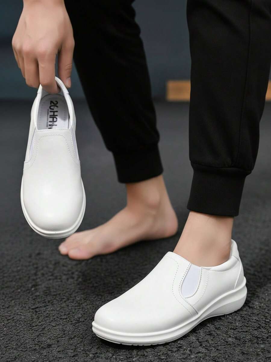 Zapato on para hombre de piel suave, punta redonda, sin cordones, tacón bajo, estilo formal para oficina y diario - Blanco - Ver 1