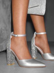 CUCCOO SZL Fashionable Pointed Toe Thick High Heel Silver Glitter Ankle Strap Women's High Heel Pumps, Hollow Out Sexy Elegant Party Dress Shoes For Christmas - Silver - View 5