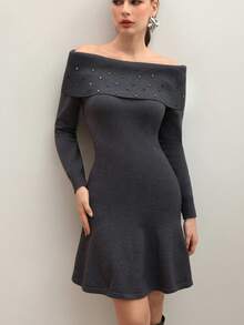 Modelyn Colorful Rhinestone Off Shoulder Women Sweater Dress - Dark Grey - View 7