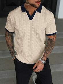 Manfinity CasualCool Plus Size Men Contrast Color Polo Shirt, Short Sleeve Cream Top Men Men Crochet Shirts Men Buttoned Knitted Polo V Neck Sweater Short Sleeve Men Knitted Shirt For Men Old Money Daily Leisure, Weekend Trips, Outdoor Activities, Travel Expeditions, Relaxed Work Environments Or Semi-Formal Occasions,Boyfriend/Husband Gift, Anniversary Gift Christmas Outfits Men Knitted Polo Mens Crochet Texture Shirt