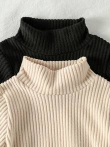 SHEIN Genkimix Kids 少女休闲纯色罗纹高领长袖T恤，秋季