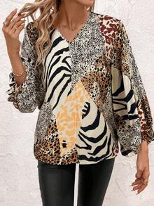 SHEIN Clasi Plus Size Women Leopard Print Long Sleeve Blouse, Elegant Casual Shirt For Everyday Wear, Summer - Multicolor - View 6
