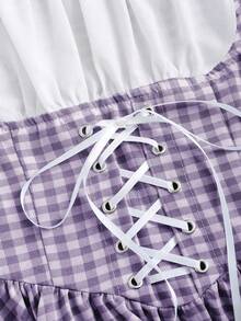 Sweetra Blue & White Plaid Waist Cinching Short Sleeve Dress - Purple - View 3