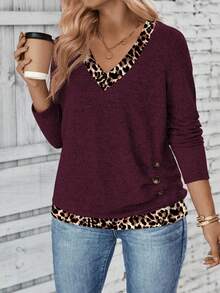 EMERY ROSE Áo thun nữ tay dài cổ vá họa tiết da báo, size lớn, mới về mùa thu/đông - Đỏ - Xem 4