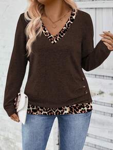 EMERY ROSE Nuova maglietta casual a maniche lunghe da donna per autunno/inverno, con colletto e orlo a stampa leopardata e patchwork, taglie comode