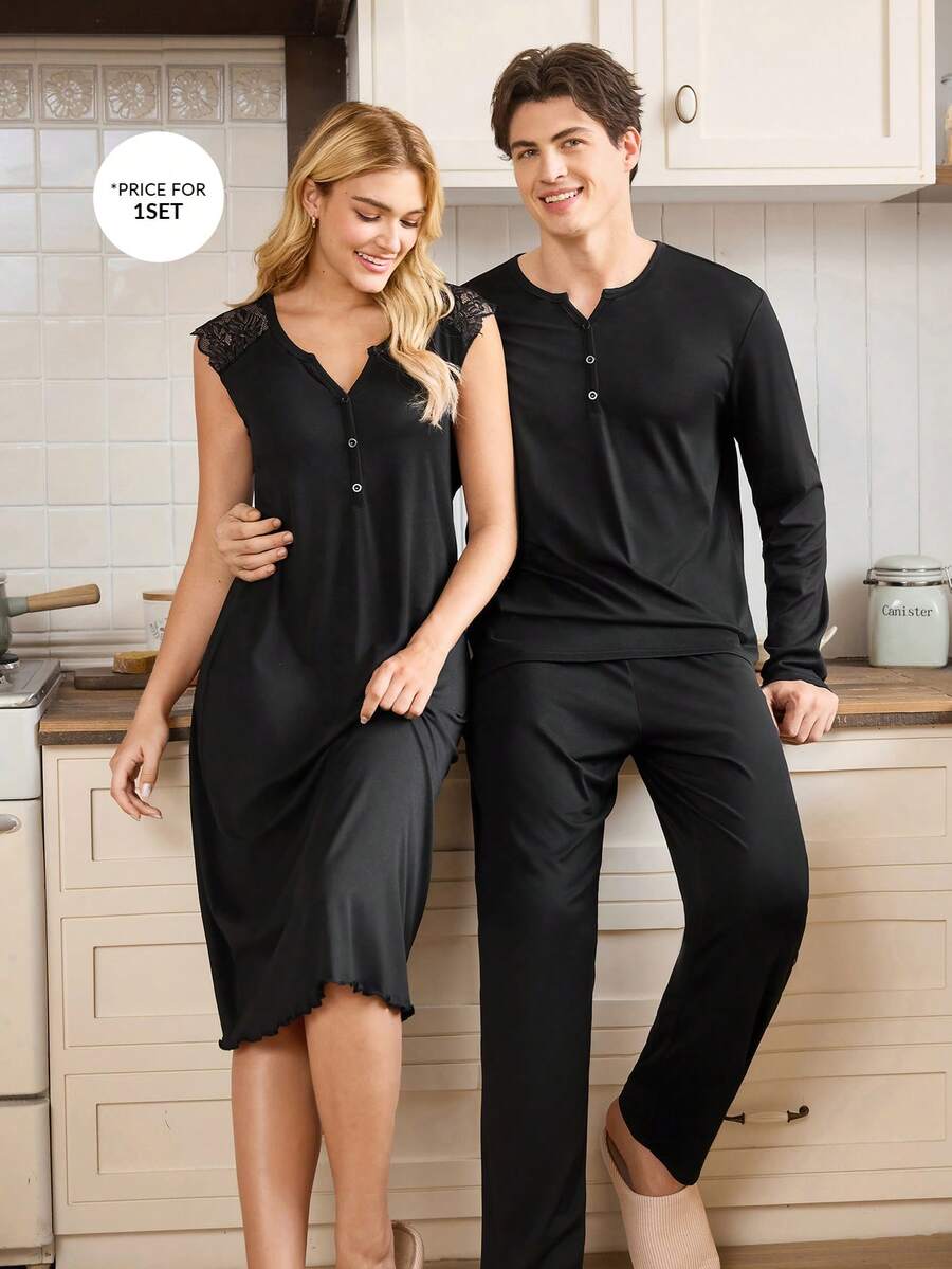 CoupledUp Men's Notched Neck Decorative Button Casual Thin Long Sleeve Top & Pants Pajama Clothes Set, Autumn/Winter - Black - View 1