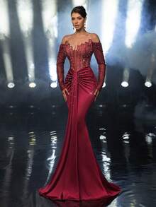 Glamrae Đầm đuôi cá tay dài cổ bất đối xứng thêu kim sa đỏ sang trọng thanh lịch, đính kim sa thủ công, có viền bèo nhún, dành cho nữ, váy dạ hội trang trọng - Đỏ - Xem 6