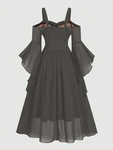 Sweetra Plus Size Floral Print Patchwork Bustier Tie Strap Flare Sleeve Dress - Dark Grey - View 2