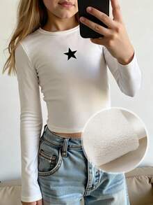 Tween Girls' White Round Neck Thermal Lined Long Sleeve Star Pattern Tight Fit Base Layer Pullover T-Shirt,Autumn Casual School Winter Tops - White - View 3