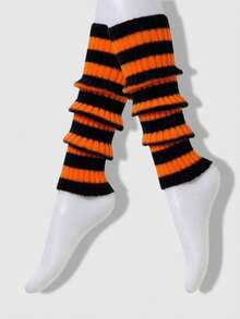 ROMWE Anime Calentadores de piernas negros versátiles y casuales para mujer, otoño/invierno - Naranja negra - Ver 2