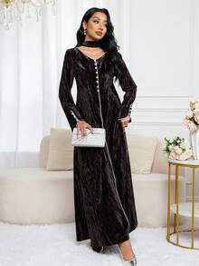 Al Najma 女式 V 领撞色饰边前扣休闲宽松阿拉伯风格连衣裙 - 淺灰紫 - 查看 1