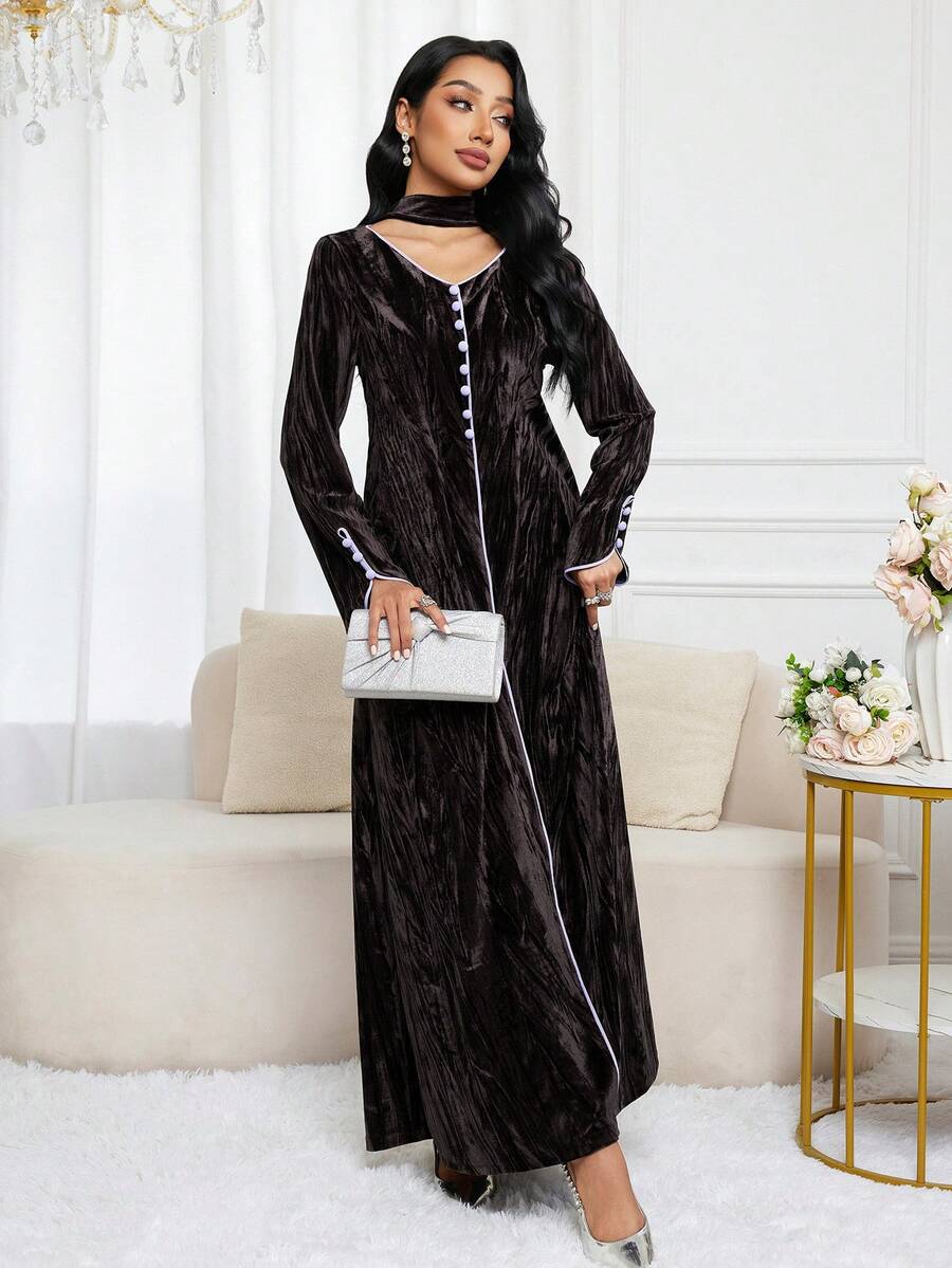 Al Najma 女式 V 领撞色饰边前扣休闲宽松阿拉伯风格连衣裙 - 淺灰紫 - 查看 1