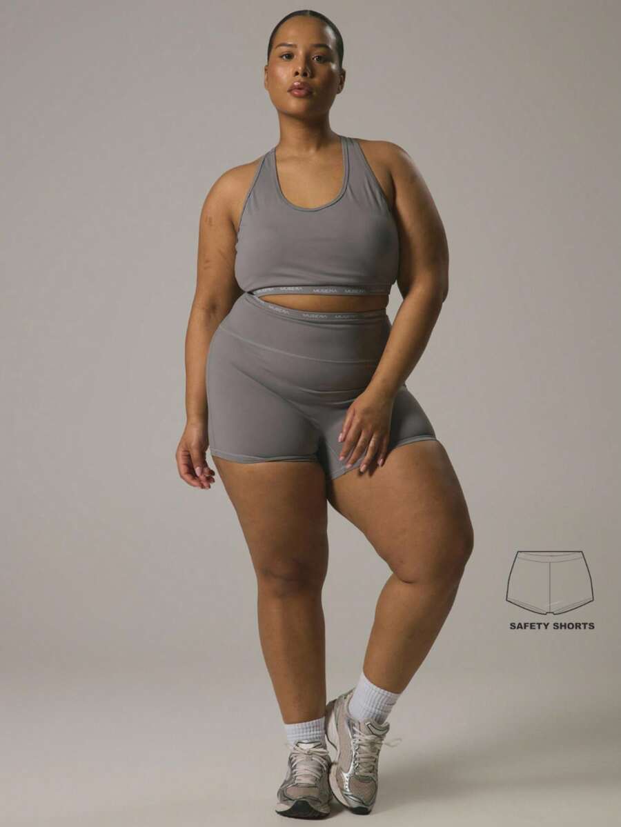 MUSERA Plus High Rise Mid Thigh Fitted Branded Slinky Casual Shorts For Easter Gym Active Workout Sport Leisurewear Daily Exercise Fitness Yoga Running Outdoor Activities Gym Fitness Autum - Grey - View 1