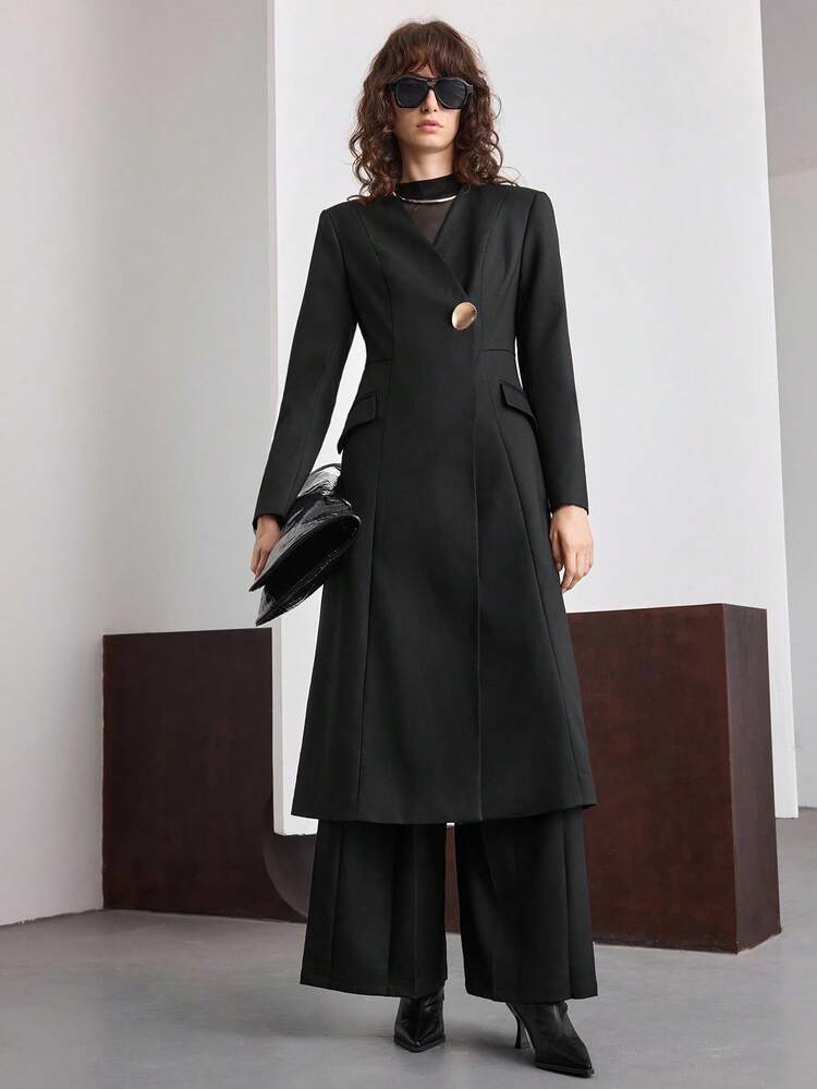 Women's Premium Black Wool Blend Long Blazer Jacket,Elegant Semi Formal Summer Office Wear,High-End Business Casual Wide-Lapel Formal Party Attire