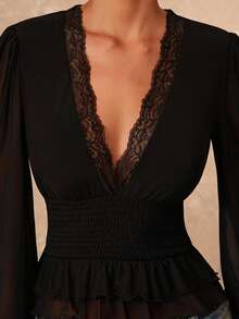 Lumalex Vinter Höst Spetskant Elastisk Midja Mjuk Mesh Puffärm Volang Fåll Damblus Djup V-ringad Topp Spetskant Topp, Fest Bankett Blygsam Gamla Pengar Kokett Glitter Helg Fest Rave Festival Utflykt Semester Het Utomhus Rikt Lager På Lager Bröllopssäsong Bankett Jul Nyår Höst Ny Stil Dam Elegant Svart - Aprikos - Visa 4