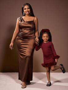 Slaydiva Vestido maxi de mujer de talla grande con cuello asimétrico con volantes, unicolor, elegante y apropiado para fiesta, cita, noche, graduación, cumpleaños, boda y eventos formales, vestido brillante, vestidos elegantes para mujer, vestido de Año Nuevo, vestido marrón