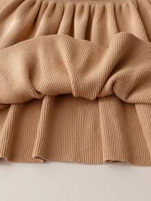 Souflis Souflis Young Girl's Pink Bow Knit Sweater Dress, Cute Ruffle Round Neck Long Sleeve Knitted Dress - Khaki - View 6