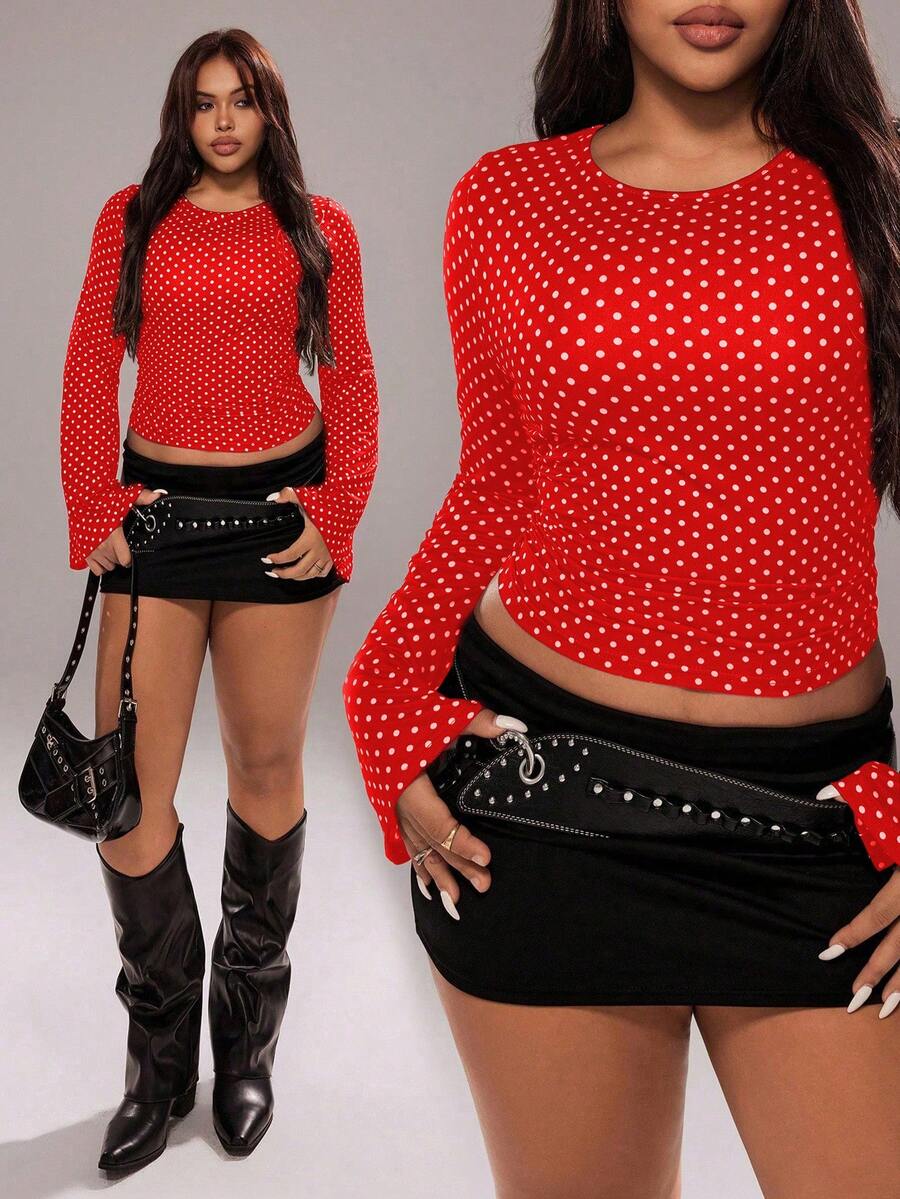 Rustia Áo thun tay dài in họa tiết chấm bi thời trang Pháp cổ điển dành cho nữ cỡ lớn, mùa xuân/thu - Nhiều màu - Xem 1