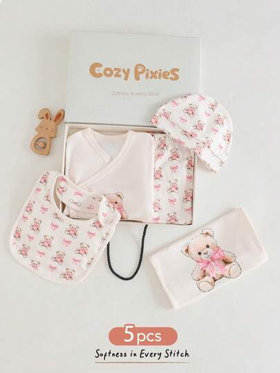 Cozy Pixies Minimalist Casual Bear Print Newborn Gift Set (Top + Pants + Hat + Storage Bag)