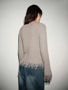Lumivelle 圣诞冬季女装修身圆领长袖流苏套头毛衣 流苏毛衣 女式毛衣 - 灰色 - 查看 2