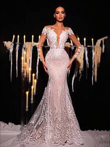 Glamrae Elegant Luxurious Romantic Beaded Mesh Embroidered Sheer Long Sleeve Handmade Applique V-Neck Fishtail Extra Long Train Wedding Bridal Gown