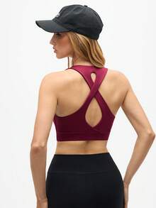 Eassivo Eassivo 女士字母印花交叉后背日常健身运动文胸 - 酒紅色 - 查看 1