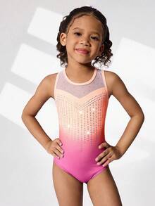 2pcs/Set Young Girls' Gymnastics Leotard And Shorts Set, Cute Printed & Rhinestone Decor, Suitable For Casual, Sports, Competition - Multicolor - View 6