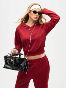 Eassivo Eassivo Tuta sportiva da donna con felpa con cappuccio a maniche raglan e tasche, e pantaloni di colore unito - Bordò - Visualizzare 6