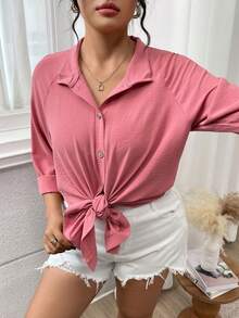 EMERY ROSE Áo sơ mi dài tay đơn hàng khuy đơn màu trơn cỡ lớn dành cho nữ - Bụi hồng - Xem 7