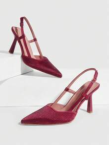 CUCCOO SZL 尖头水钻装饰细高跟派对浅口鞋，性感露背女式正装鞋 - 酒紅色 - 查看 2