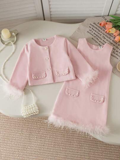 Genkimix Kids 2 st/set Elegant Ärmlös Klänning & Långärmad Jacka För Ung Flickor, Moderiktig Mångsidig Prinsessoutfit, Höst/Vinter