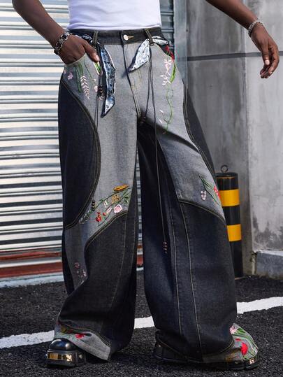 Street Life Jeans décontractés amples avec patchwork et broderie florale pour hommes