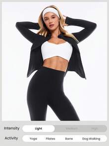 GLOWMODE FeatherFit™ Studio Ready 拉链口袋修身长袖拇指孔运动夹克低冲击瑜伽普拉提工作室健身房日常 - 黑色 - 查看 7