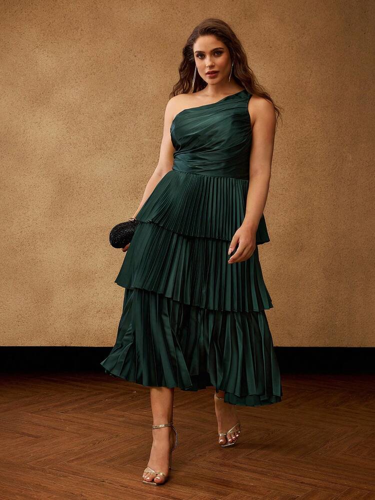 CHRISTMAS PLUS SIZE ASYMMETRICAL NECK PLEATED DRESS
