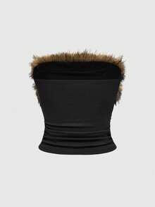 ROMWE Grunge Punk Y2K Sexy Animal Print Buckle Crop Top With Faux Fur Collar - Black - View 2