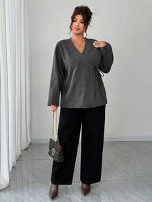 DAZY Plus Size Women Loose Casual Woolen Oblique Placket Drawstring Thick Jacket, Autumn/Winter - Dark Grey - View 6